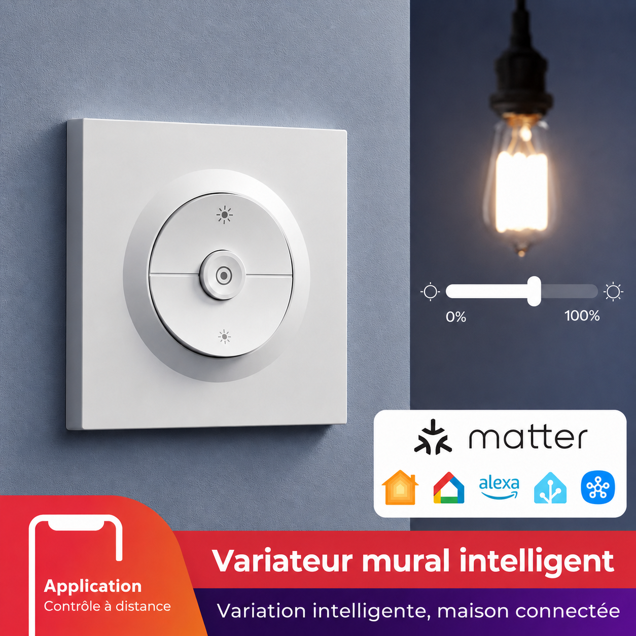 Variateur mural intelligent Matter blanc Neodom avec controle de luminosite.