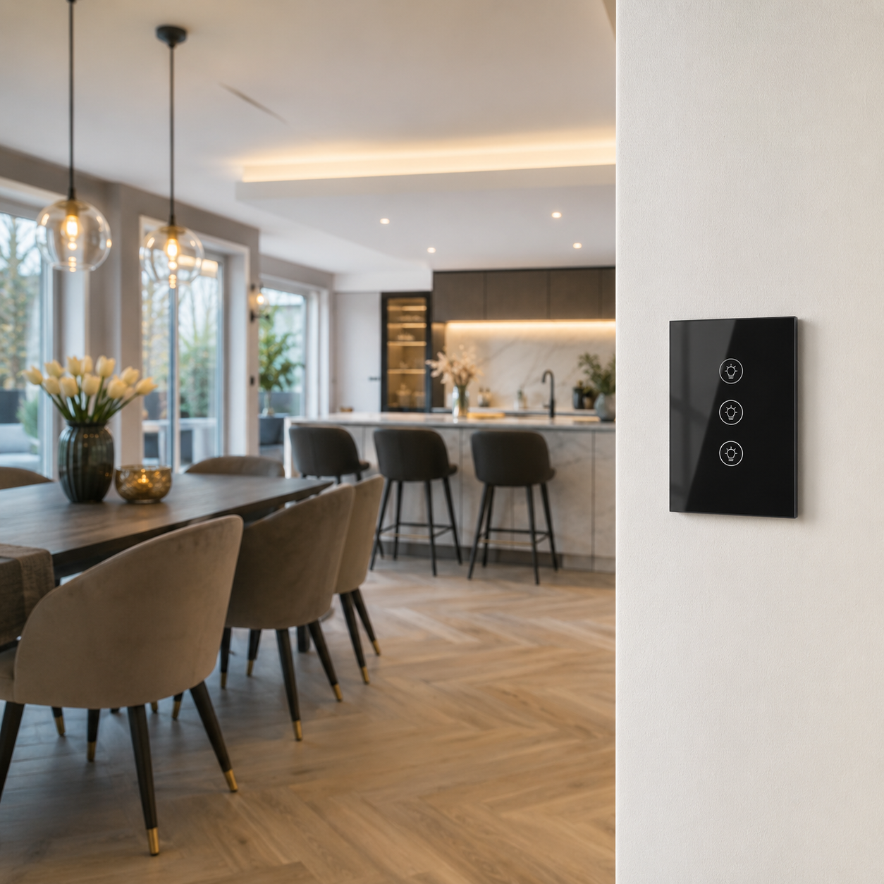 NéoMulti Dimmer noir installé sur un mur près d'une cuisine ouverte avec éclairage chaleureux.