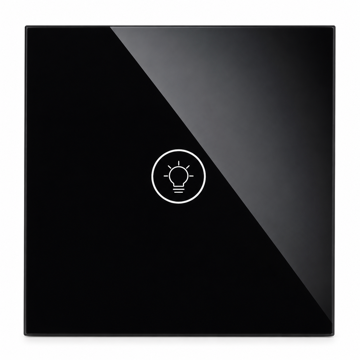 Gros plan du NéoMulti Dimmer noir brillant avec icône ampoule au centre de la façade tactile.