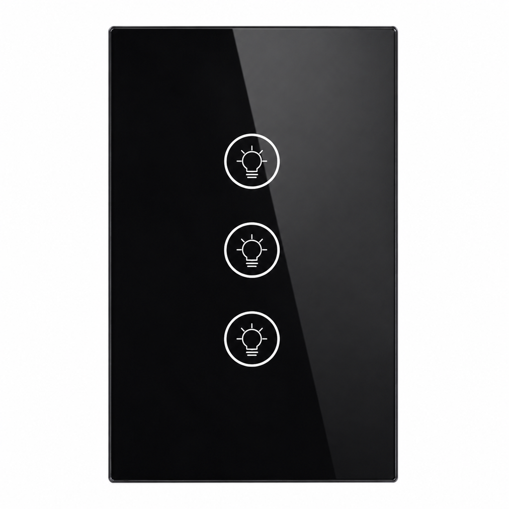 NéoMulti Dimmer noir vertical avec trois touches tactiles lumineuses alignées pour trois circuits.