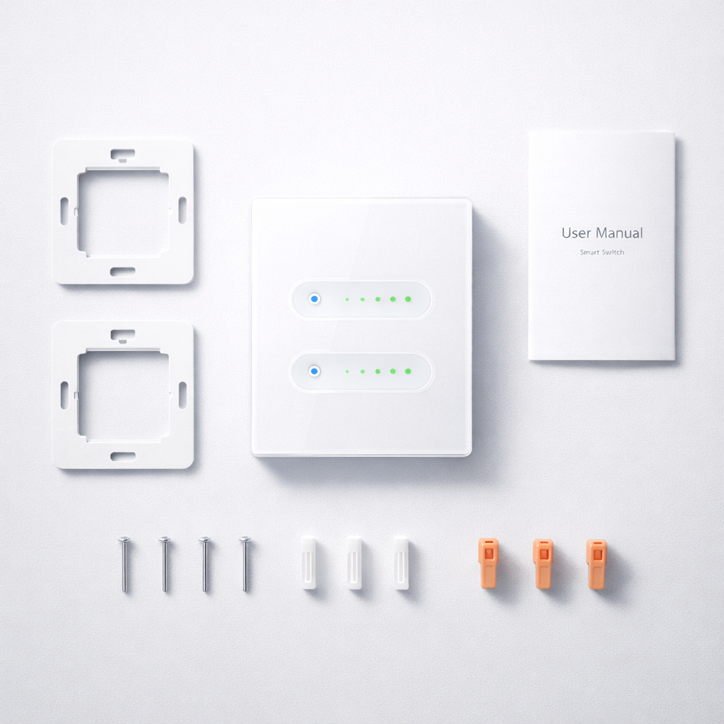 Kit d’installation du variateur tactile blanc avec accessoires et notice.