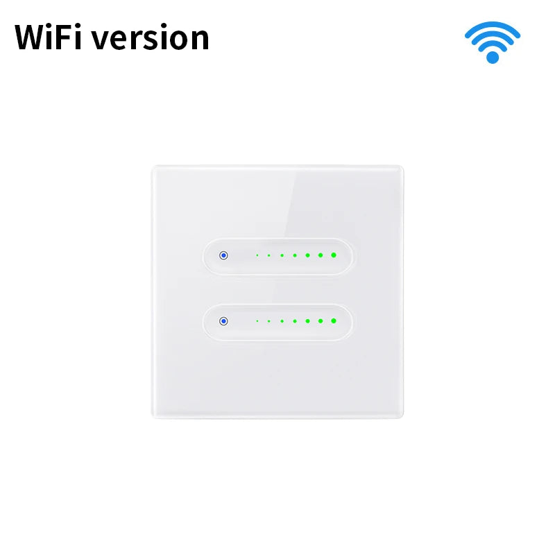 Variateur tactile blanc Wi-Fi à deux canaux avec voyants verts.