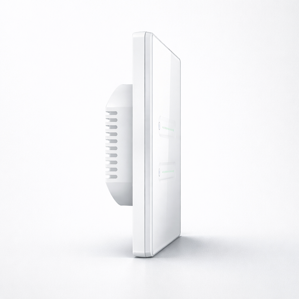 Vue latérale du variateur tactile blanc Wi-Fi encastrable.