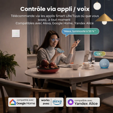 Variateur tactile contrôlé par application et commande vocale dans un salon.