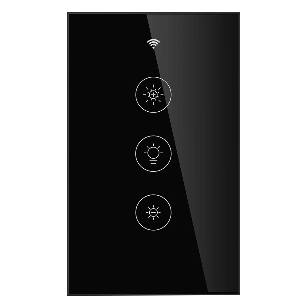 Variateur mural Noir Absolu vertical avec trois commandes tactiles.