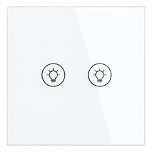 Gros plan du NéoMulti Dimmer blanc à deux touches avec façade en verre brillante.