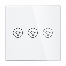 Gros plan du NéoMulti Dimmer blanc à trois touches avec façade en verre brillante.