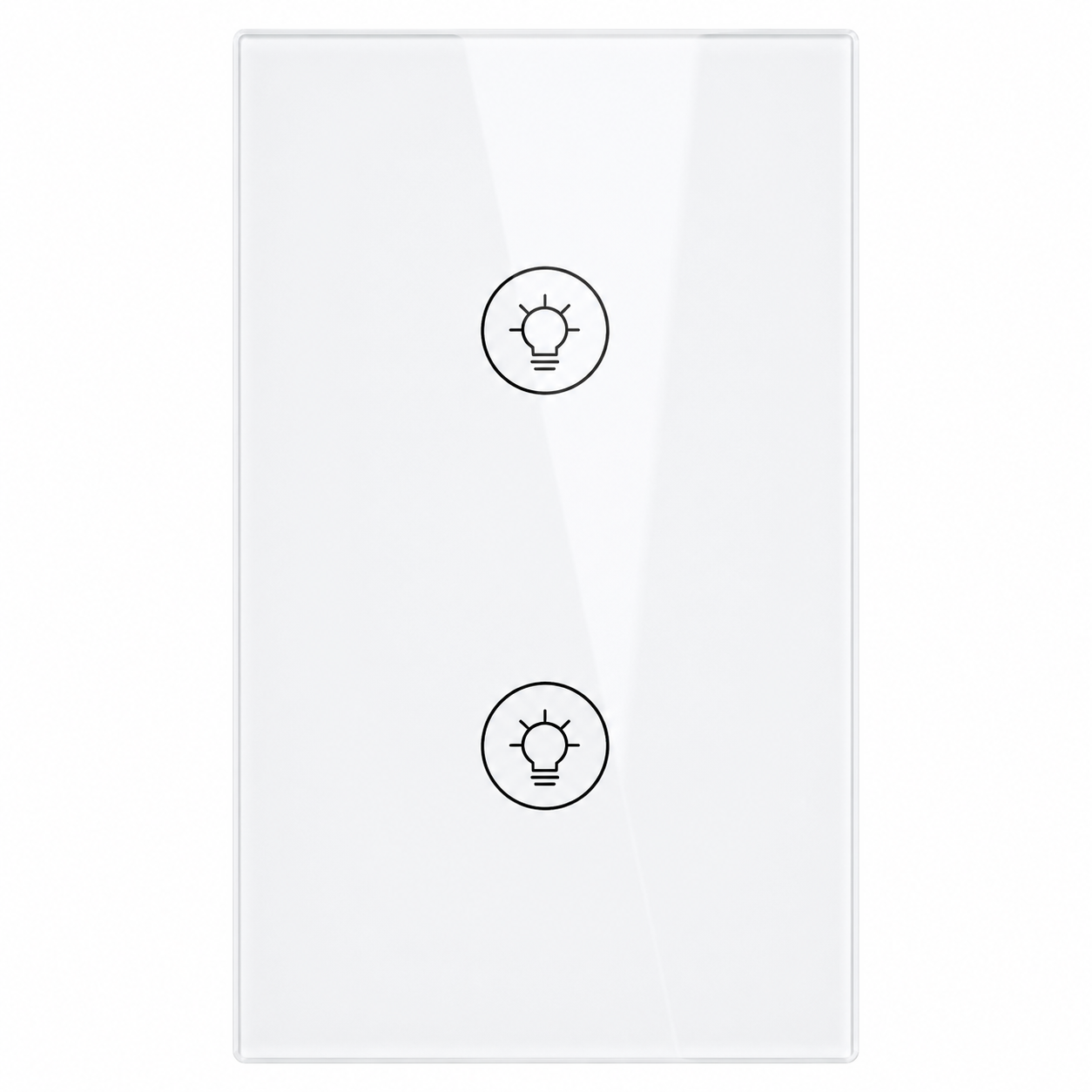 NéoMulti Dimmer blanc vertical à deux touches avec façade tactile en verre brillant.