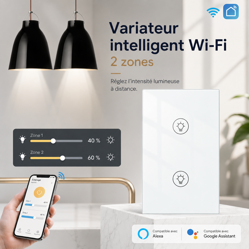 NéoMulti Dimmer blanc deux zones avec smartphone pour régler séparément deux intensités lumineuses.