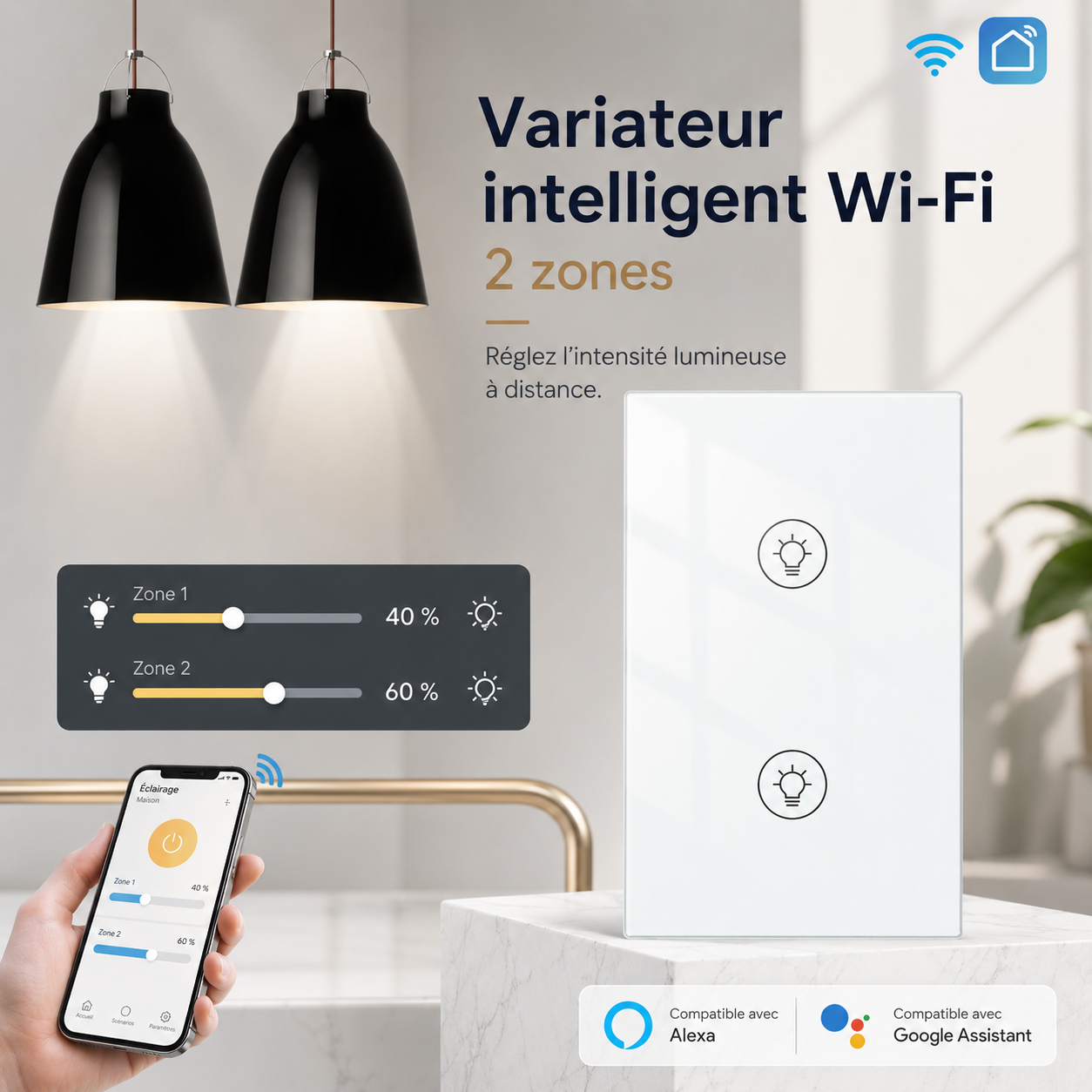 NéoMulti Dimmer blanc deux zones avec smartphone pour régler séparément deux intensités lumineuses.