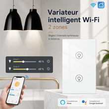 NéoMulti Dimmer blanc deux zones avec smartphone pour régler séparément deux intensités lumineuses.
