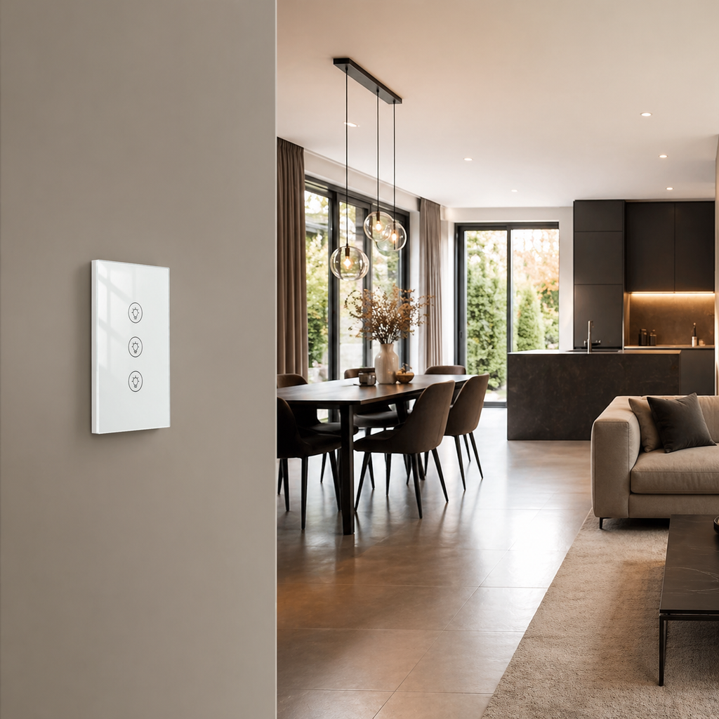 NéoMulti Dimmer installé sur un mur de salon moderne pour piloter plusieurs zones d'éclairage.