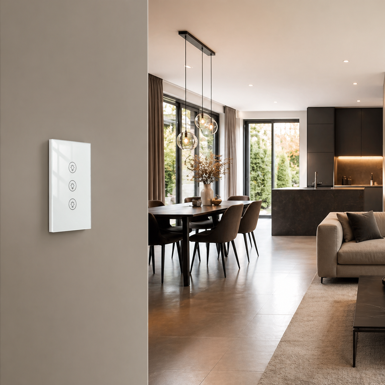 NéoMulti Dimmer installé sur un mur de salon moderne pour piloter plusieurs zones d'éclairage.