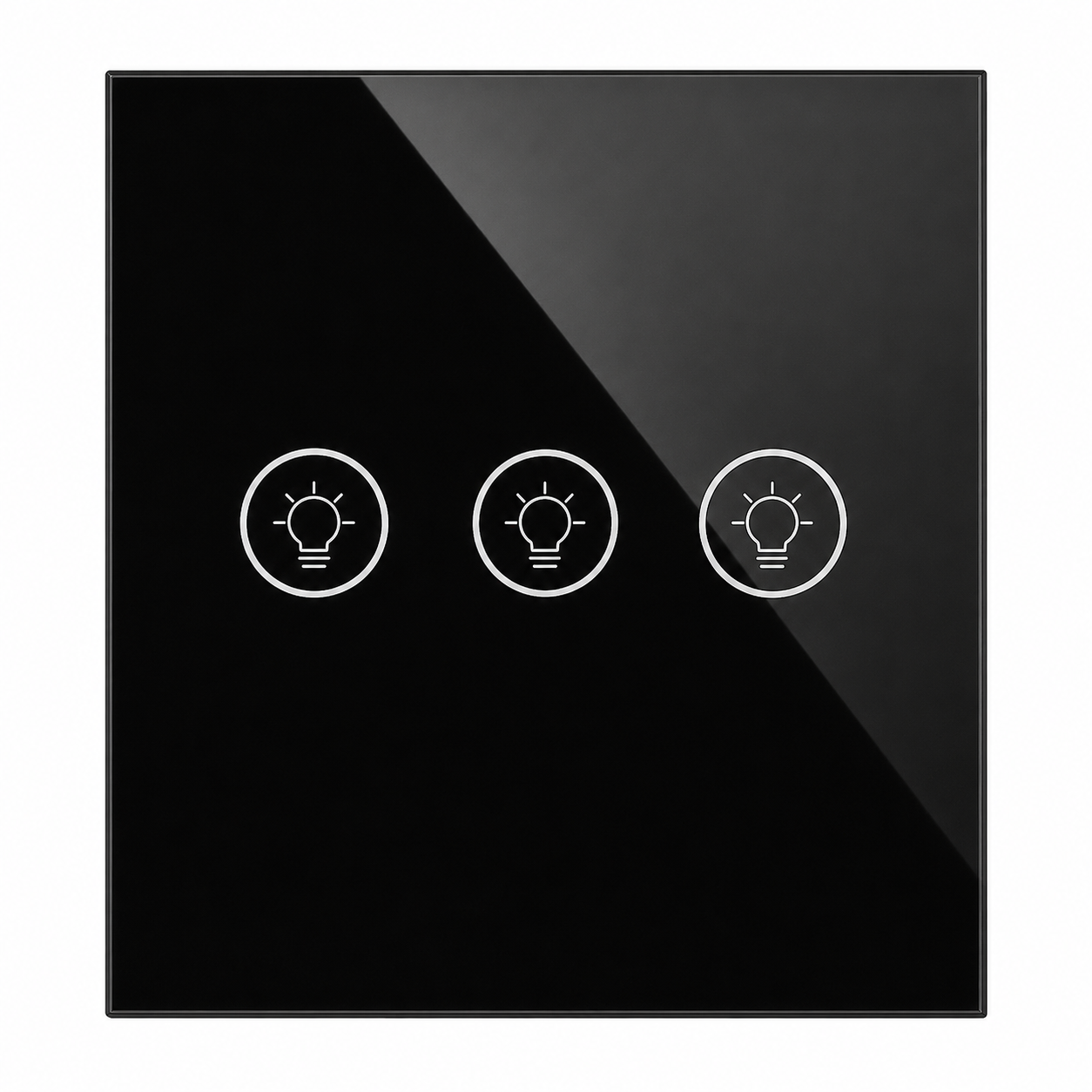 Gros plan du NéoMulti Dimmer noir à trois touches avec façade en verre brillante.