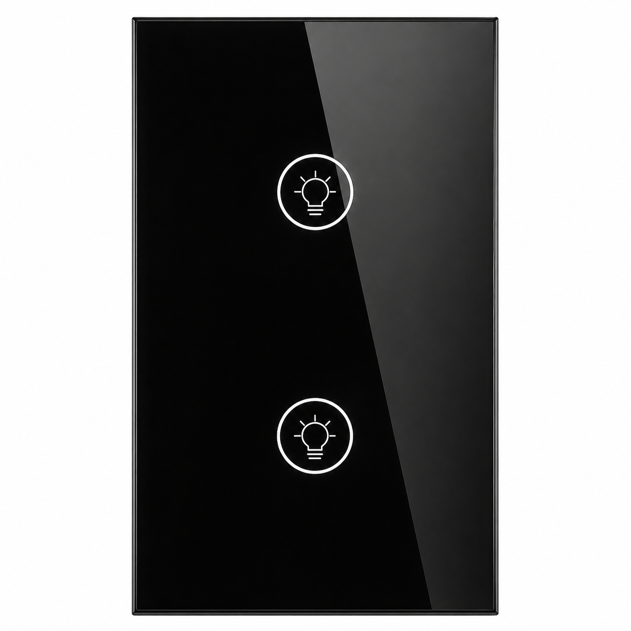 NéoMulti Dimmer noir vertical à deux touches avec façade tactile en verre brillant.