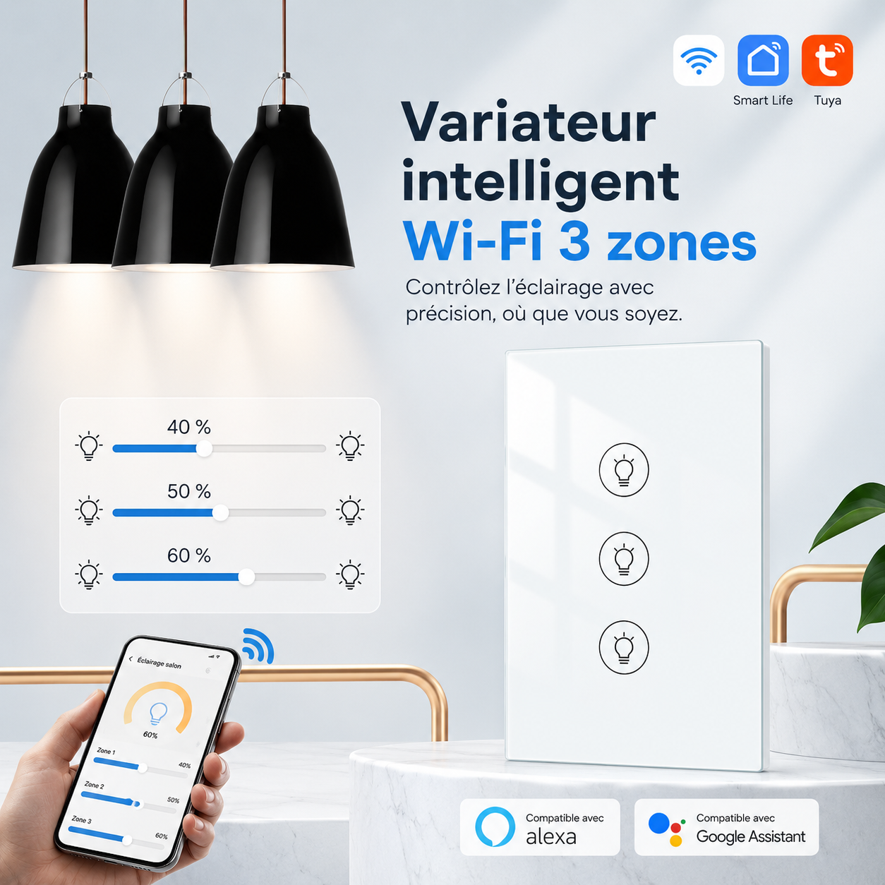 NéoMulti Dimmer blanc présenté avec smartphone pour contrôler trois zones d'éclairage en Wi‑Fi.
