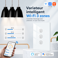 NéoMulti Dimmer blanc présenté avec smartphone pour contrôler trois zones d'éclairage en Wi‑Fi.