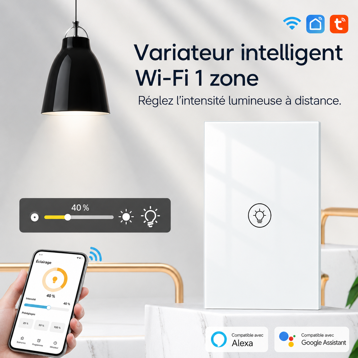 NéoMulti Dimmer blanc une zone avec smartphone pour régler l'intensité lumineuse à distance.