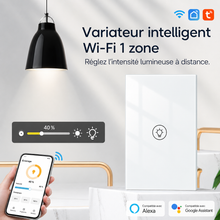 NéoMulti Dimmer blanc une zone avec smartphone pour régler l'intensité lumineuse à distance.