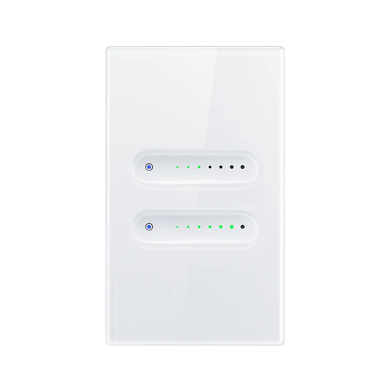 Variateur vertical blanc Wi-Fi à deux canaux avec voyants lumineux.