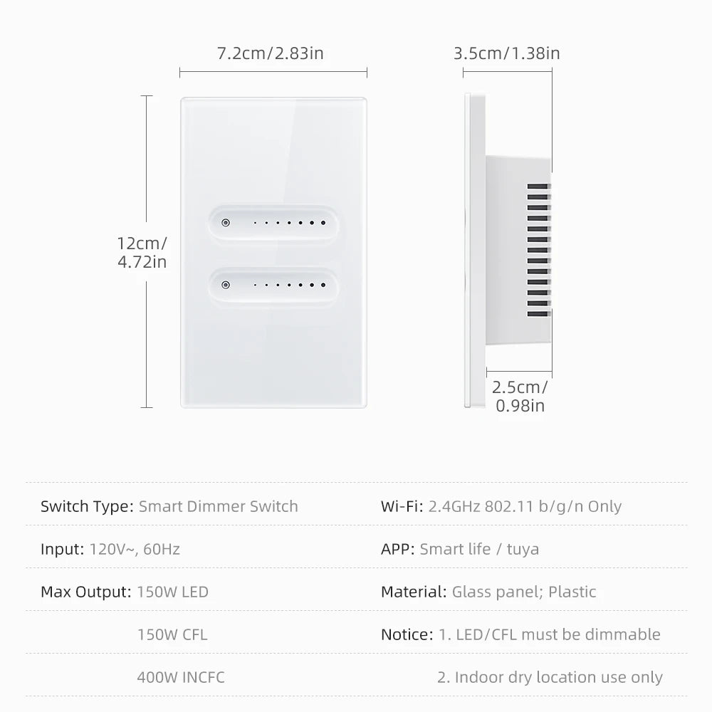Schéma des dimensions et caractéristiques du variateur Wi-Fi vertical.