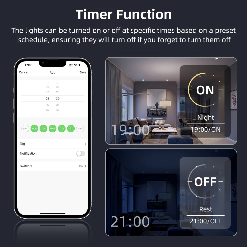 Programmation horaire du variateur Wi-Fi vertical pour allumer et éteindre la lumière.