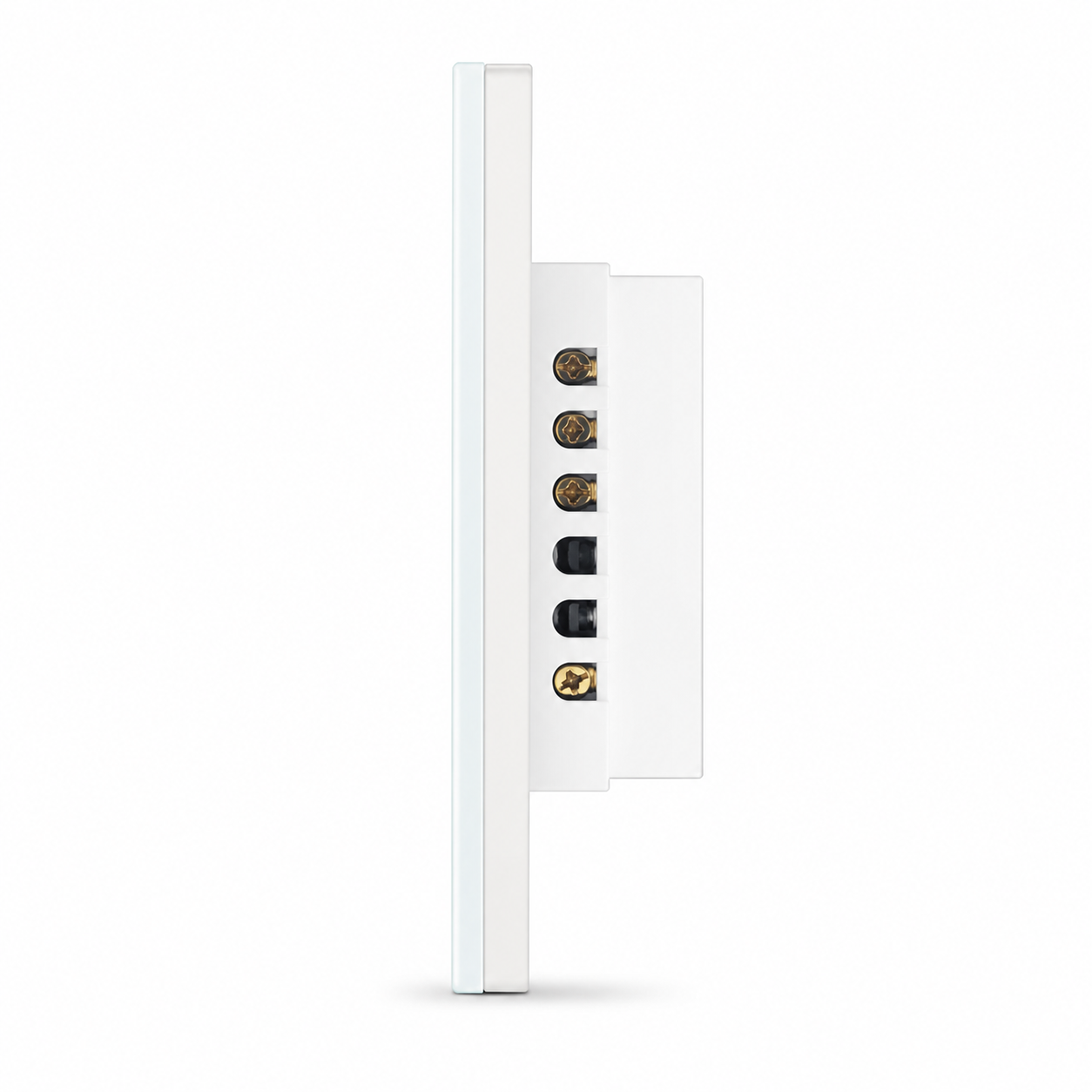 Vue de profil du NéoMulti ZigBee Dimmer blanc avec bornier de raccordement visible.