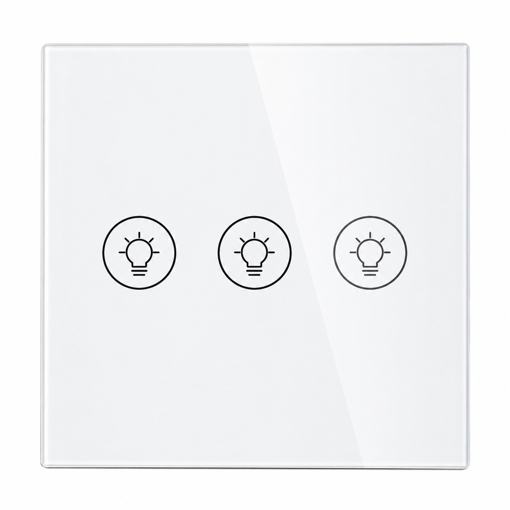 Gros plan du NéoMulti ZigBee Dimmer blanc à trois touches avec façade en verre brillante.