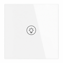 Gros plan du NéoMulti ZigBee Dimmer blanc à une touche avec façade en verre brillante.