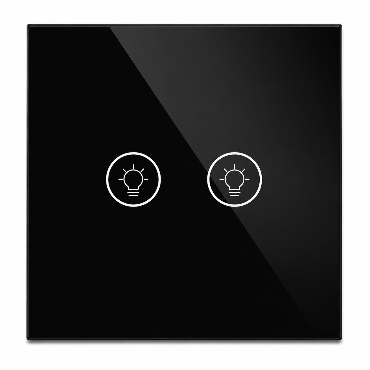 Gros plan du NéoMulti ZigBee Dimmer noir à deux touches avec façade en verre brillante.
