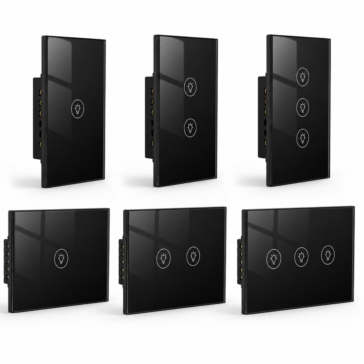 NéoMulti ZigBee Dimmer noir présenté en versions une, deux et trois touches tactiles.