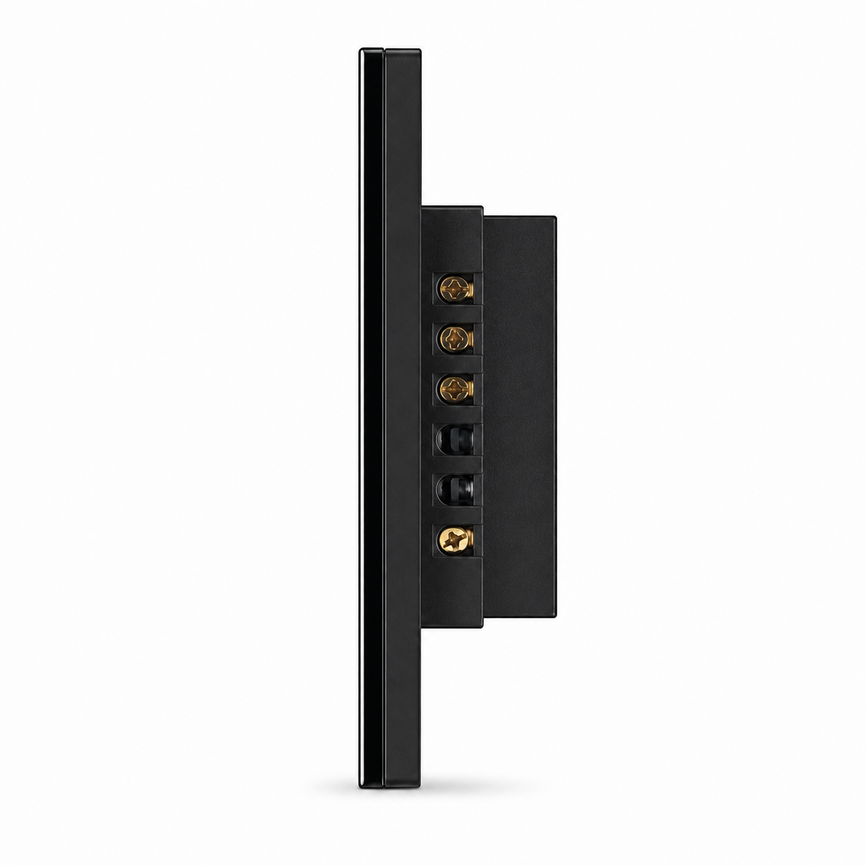 Vue de profil du NéoMulti ZigBee Dimmer noir avec bornier de raccordement visible.