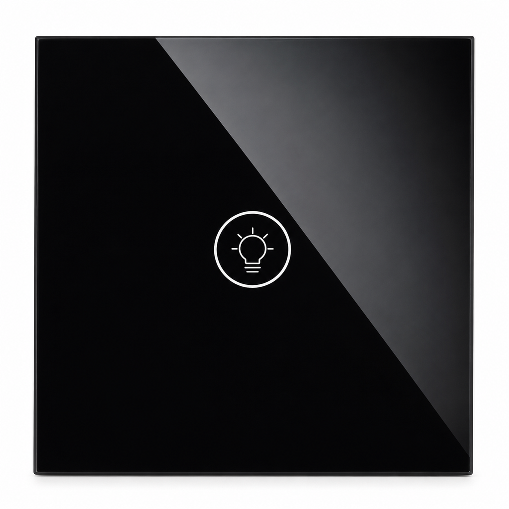 Gros plan du NéoMulti ZigBee Dimmer noir à une touche avec façade en verre brillante.