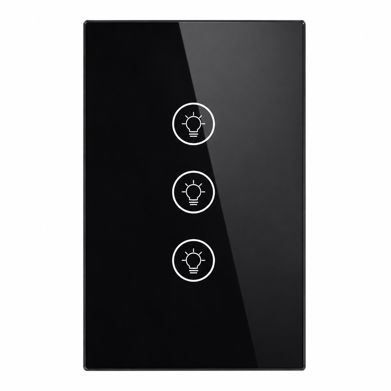 NéoMulti ZigBee Dimmer noir vertical à trois touches avec façade tactile en verre brillant.