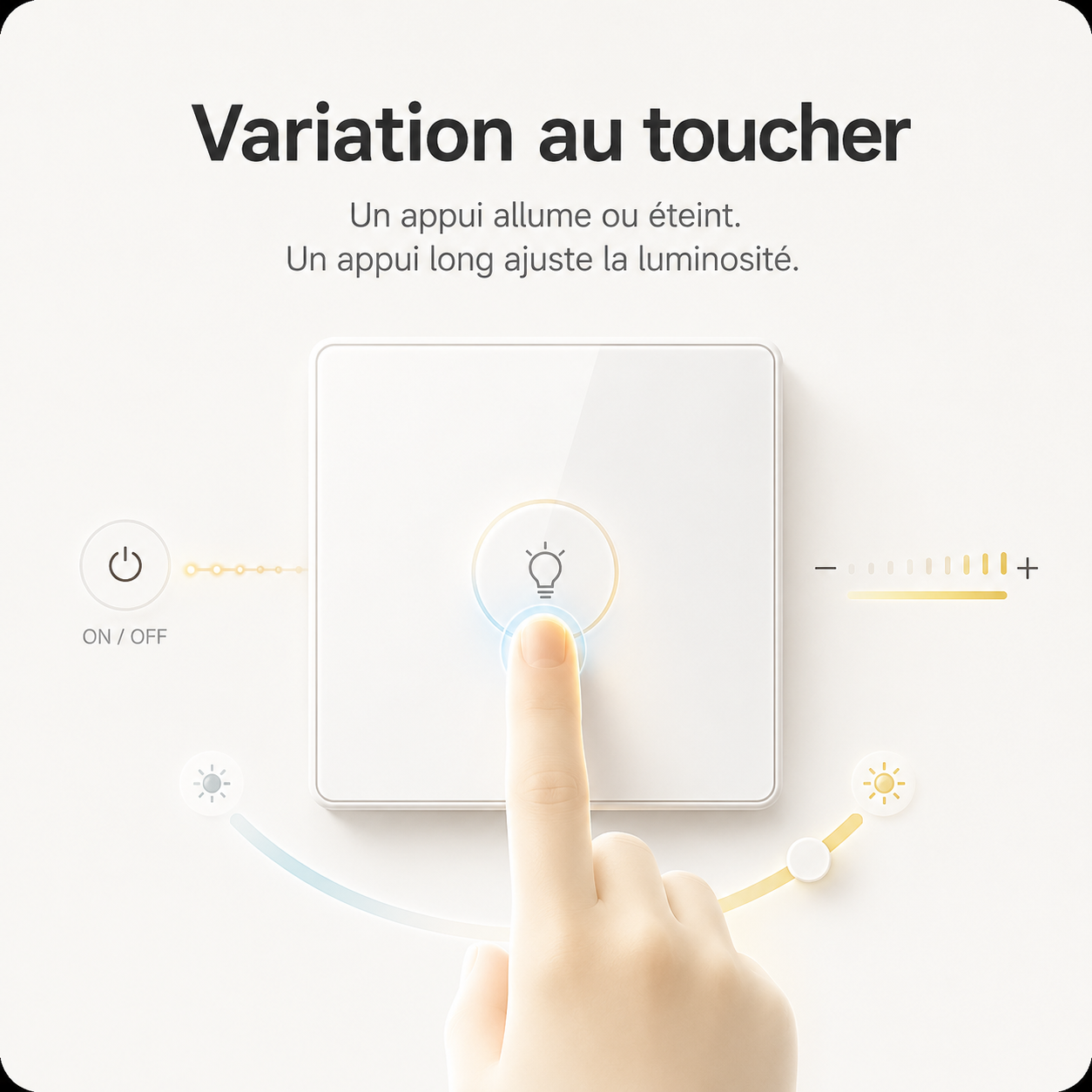 NéoMulti ZigBee Dimmer blanc contrôlé au toucher pour allumer, éteindre et ajuster la luminosité.