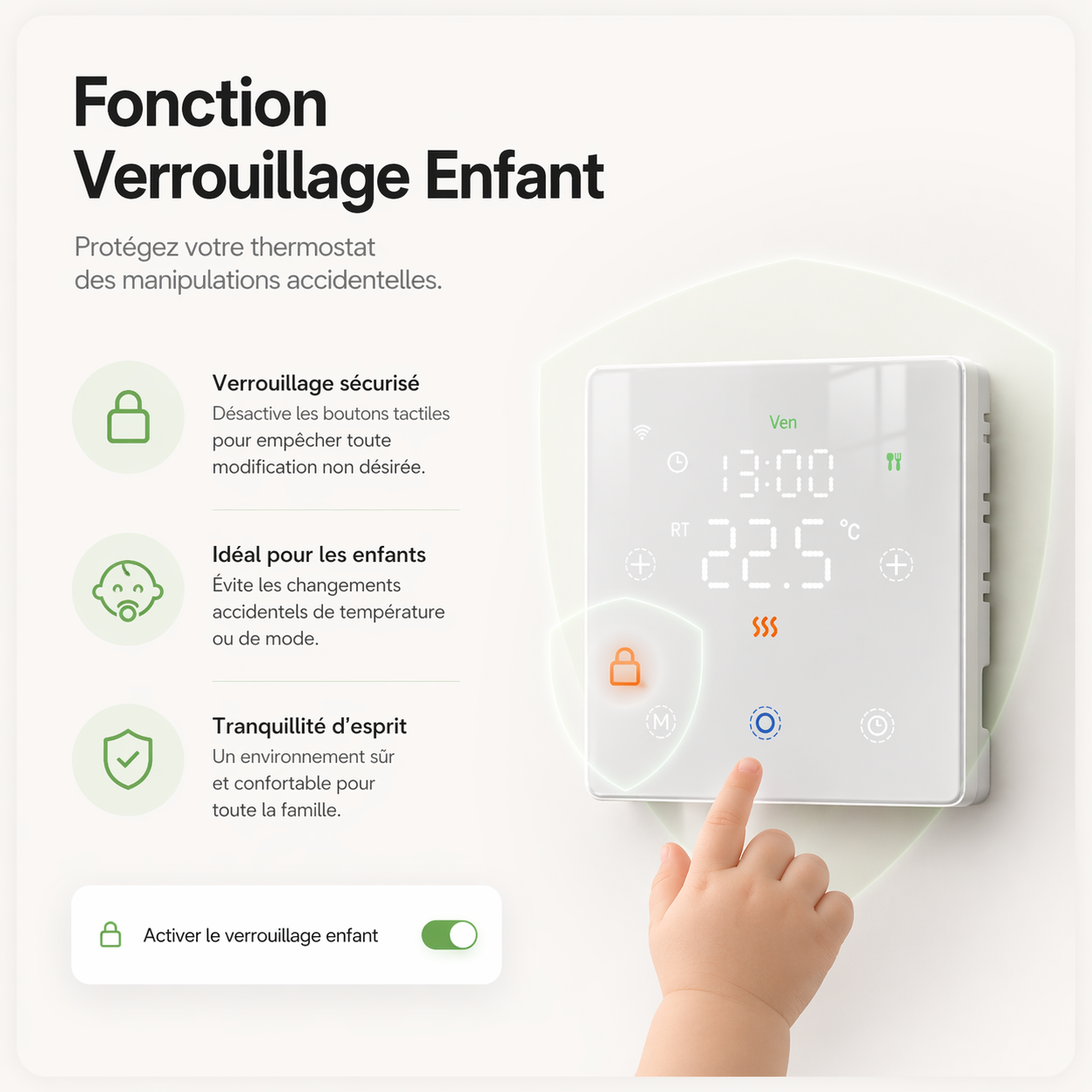 Infographie Neodom montrant le verrouillage enfant du thermostat sans fil avec commande tactile securisee.
