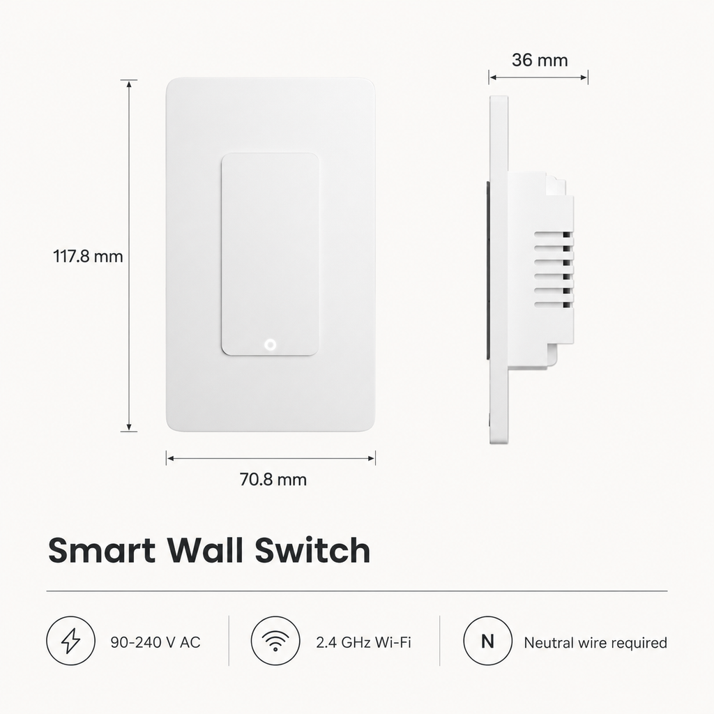 Technical dimensions and specifications for white smart wall switch