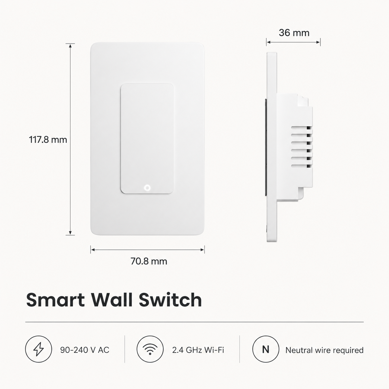 Technical dimensions and specifications for white smart wall switch