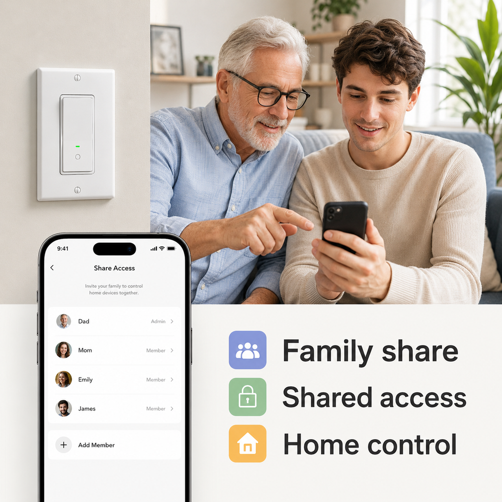 Family sharing access for smart wall switch app
