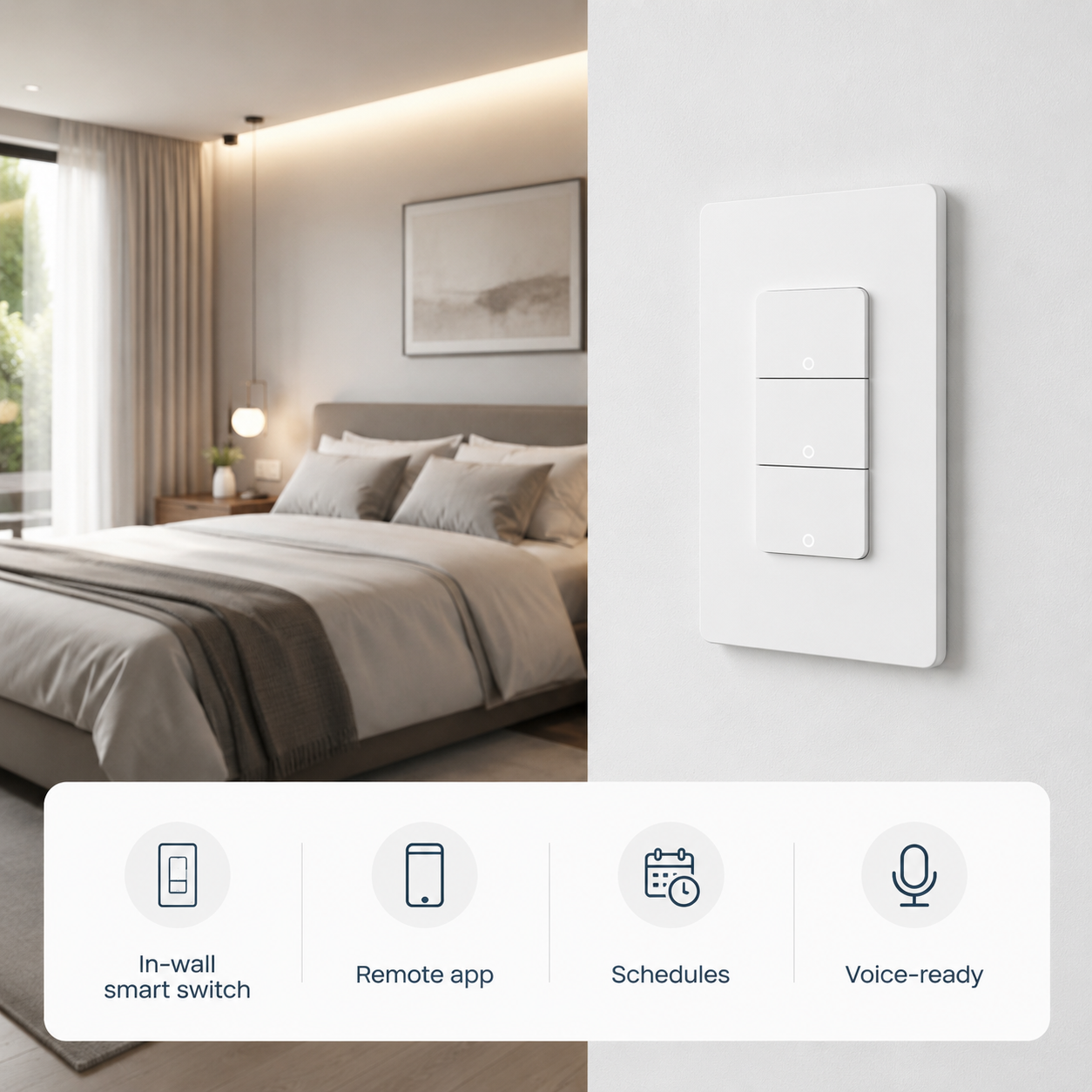 In-wall smart light switch in modern bedroom scene