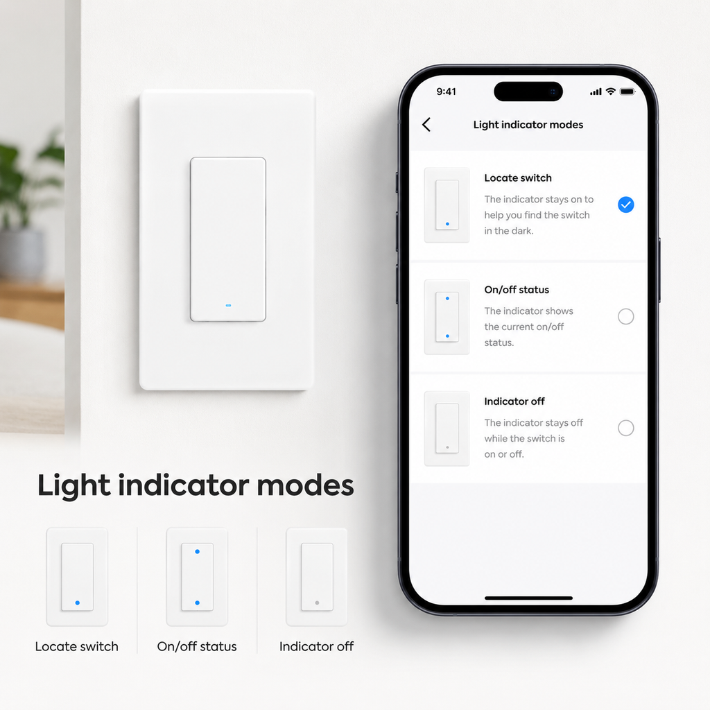 Light indicator mode settings for smart wall switch