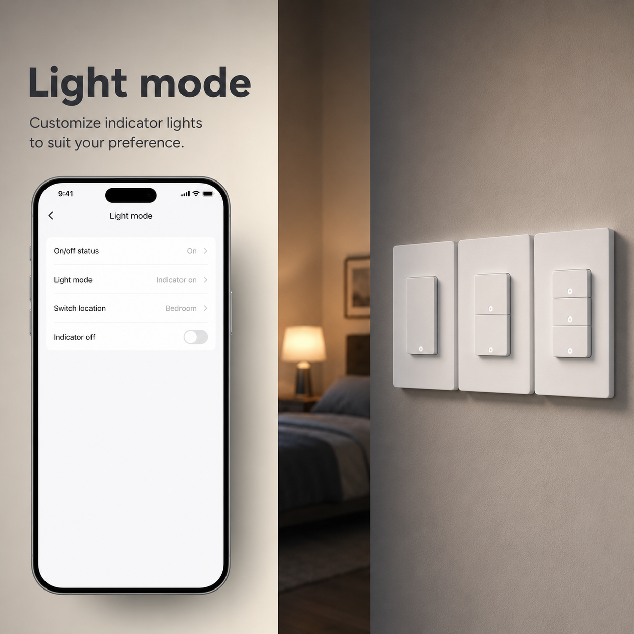 Light mode app settings for smart wall switch
