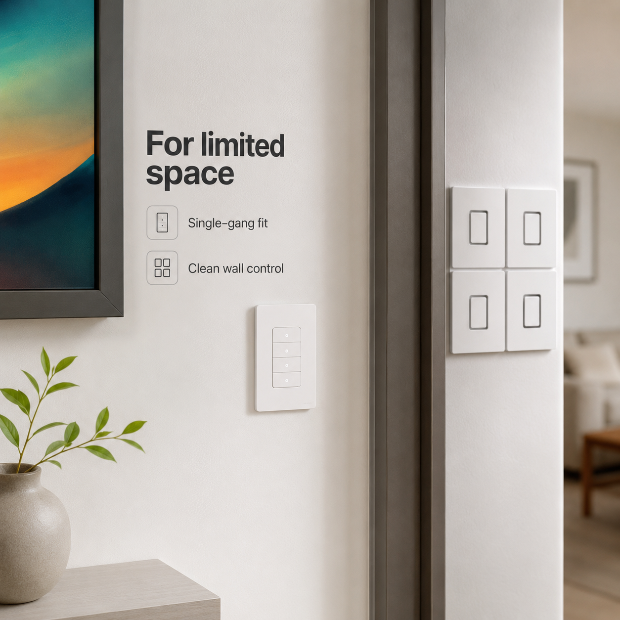 White smart wall switch installed in limited wall space