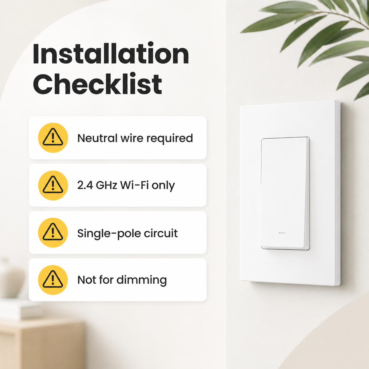 Installation checklist for neutral wire WiFi wall switch