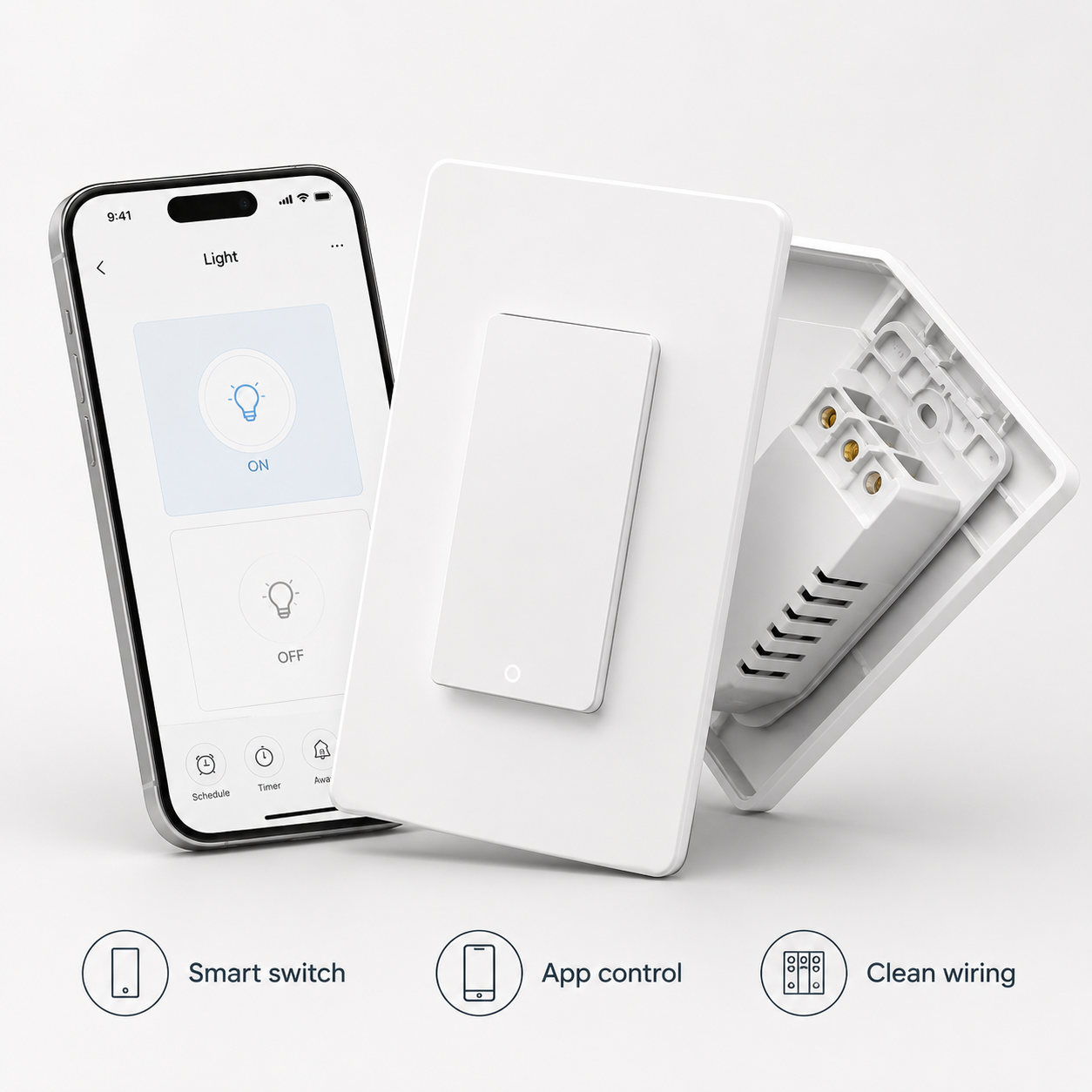 White smart wall switch with generic app control screen and wiring detail