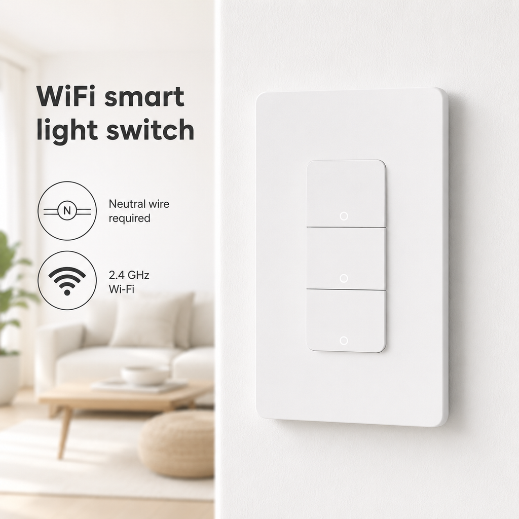 Studio packshot of white WiFi smart wall switch with neutral wire and 2.4 GHz callouts