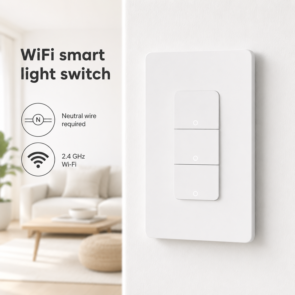 Studio packshot of white WiFi smart wall switch with neutral wire and 2.4 GHz callouts