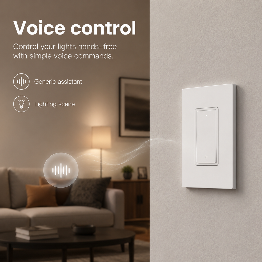 Generic voice control lighting scene with white wall switch